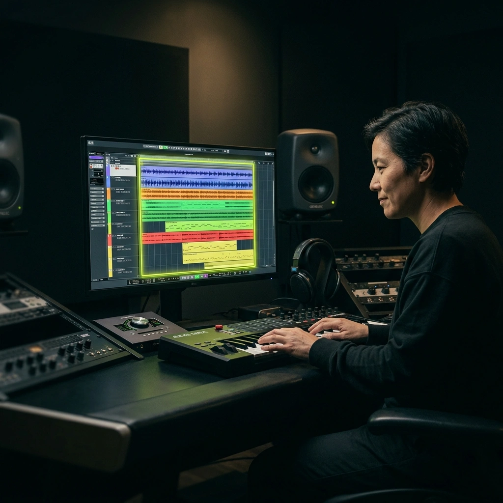 Electronic music producer using AI generator tool