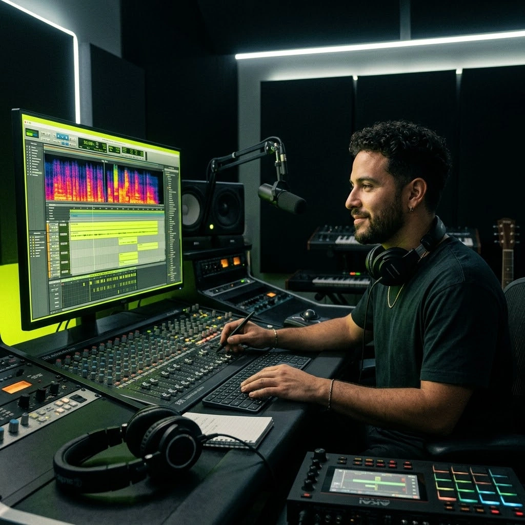 Music producer working with AI Latin Music Creator