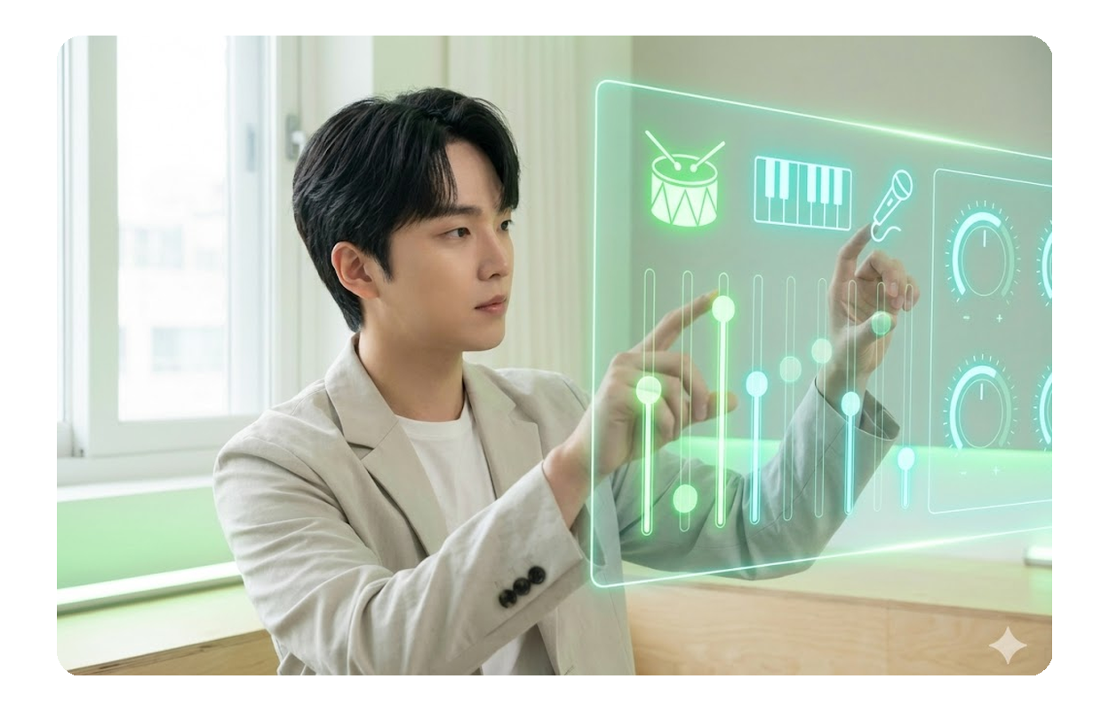 AI generating K-Pop music with various instruments.