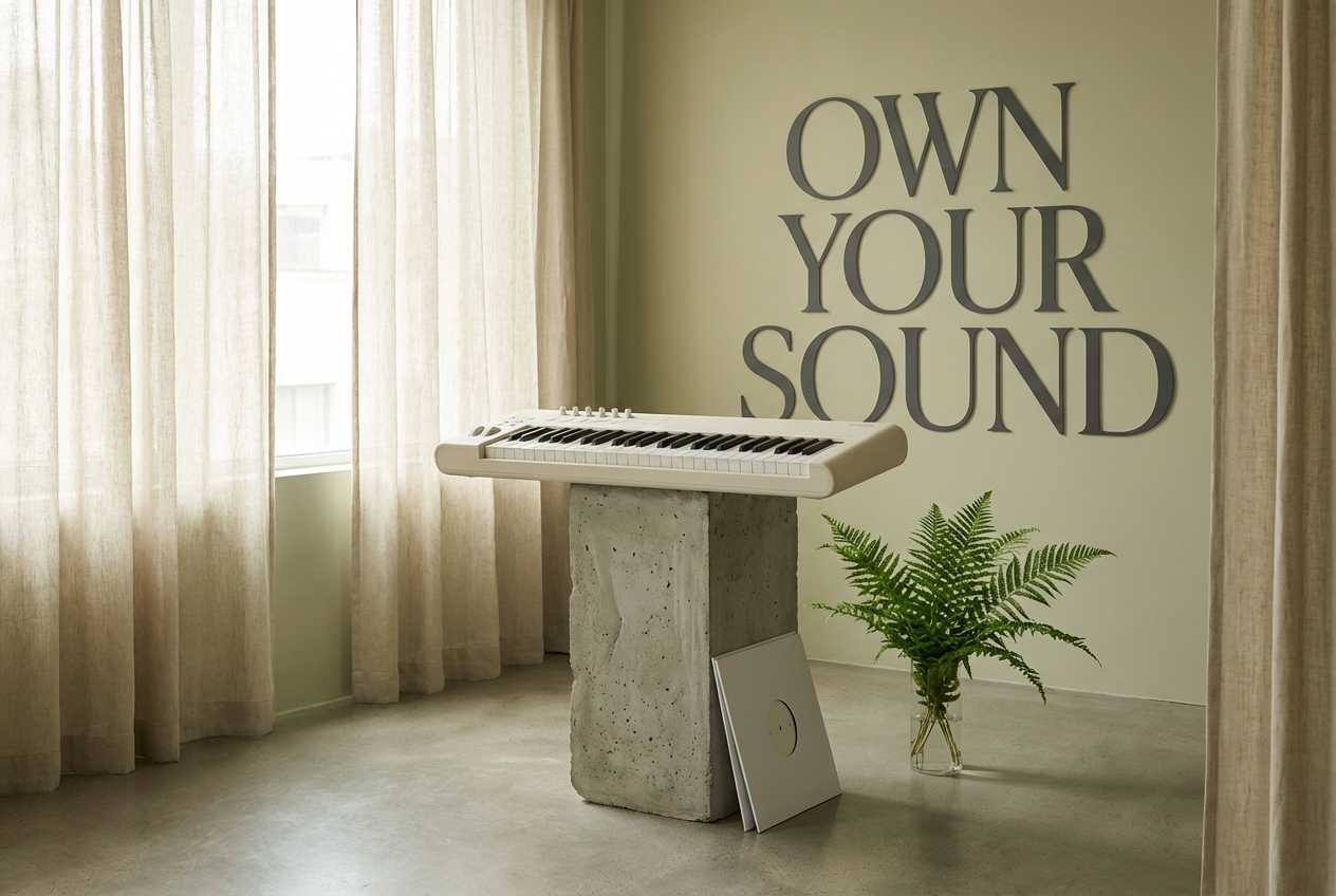 Royalty free badge on piano song generator