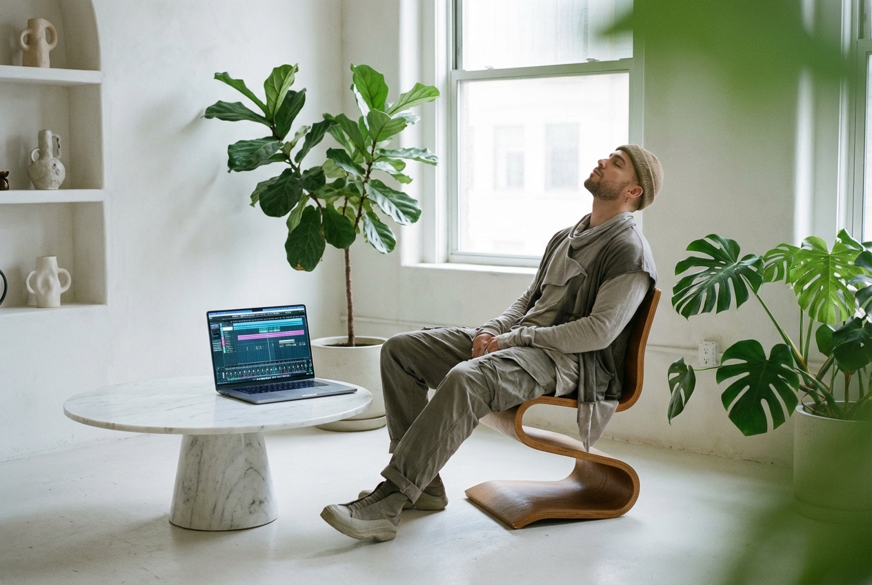 Rapper recording vocals over drill music generator beats