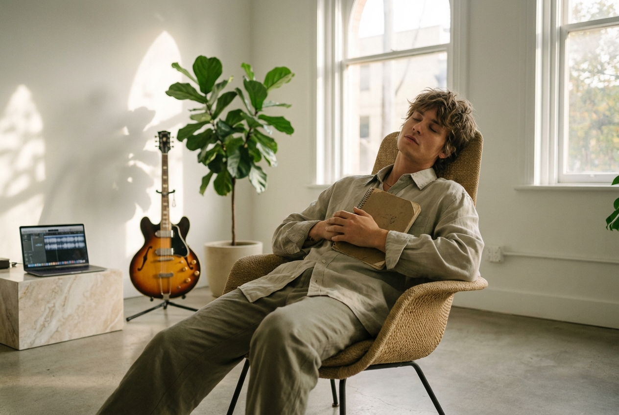 Musician writing lyrics using blues music generator