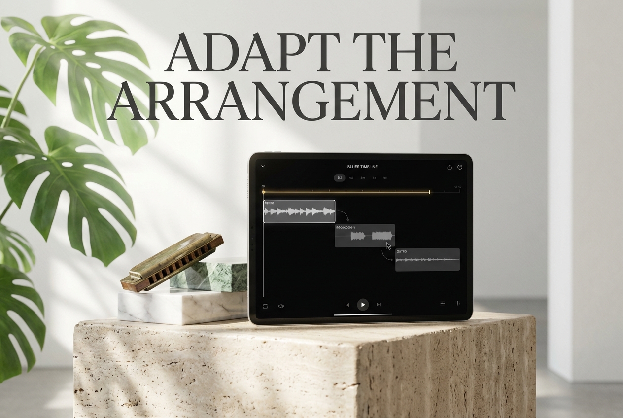 Timeline editing view in blues music generator