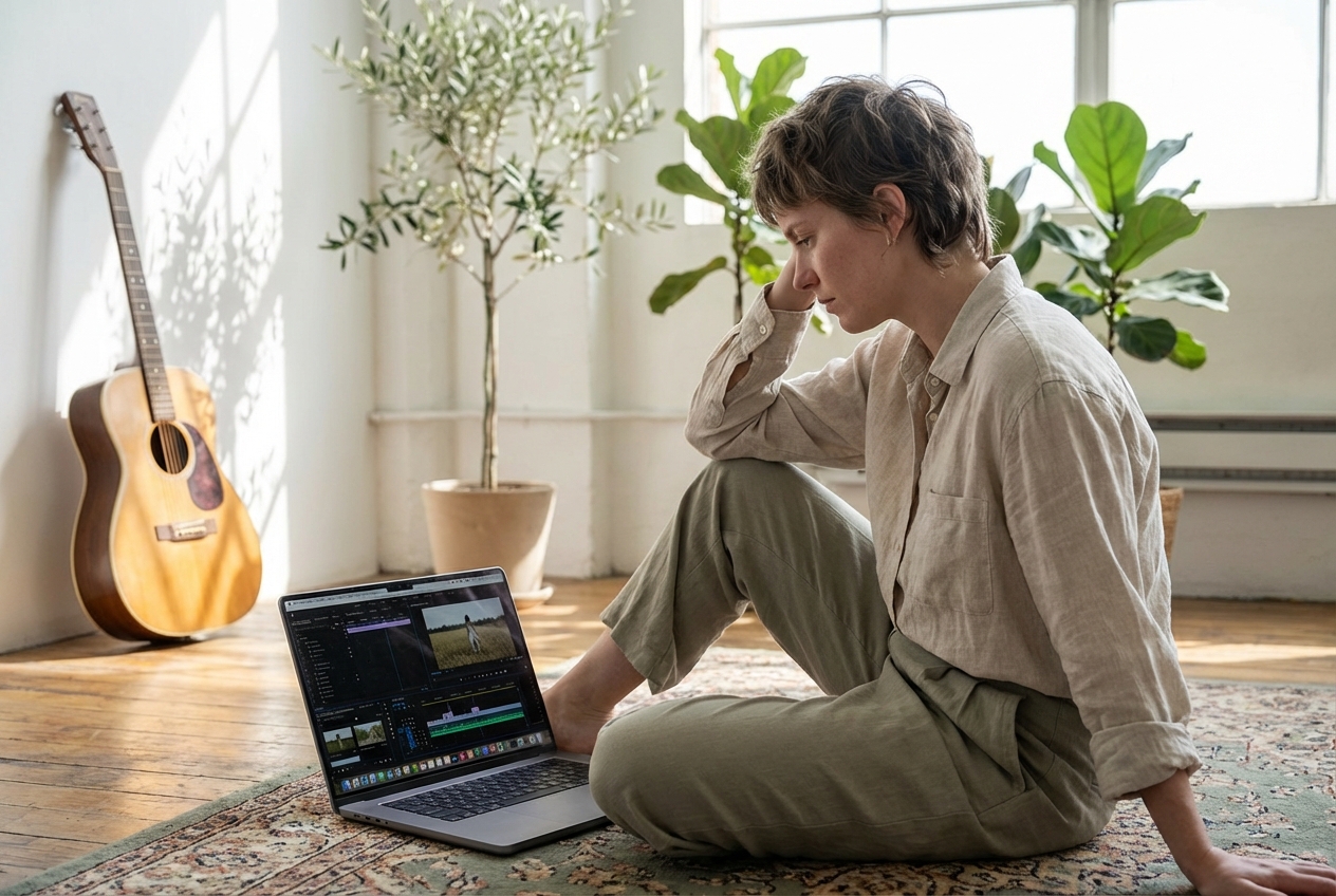 Filmmaker editing audio with Folk Music Generator