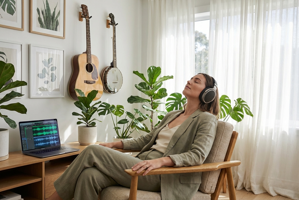 Podcaster selecting tracks on Folk Music Generator