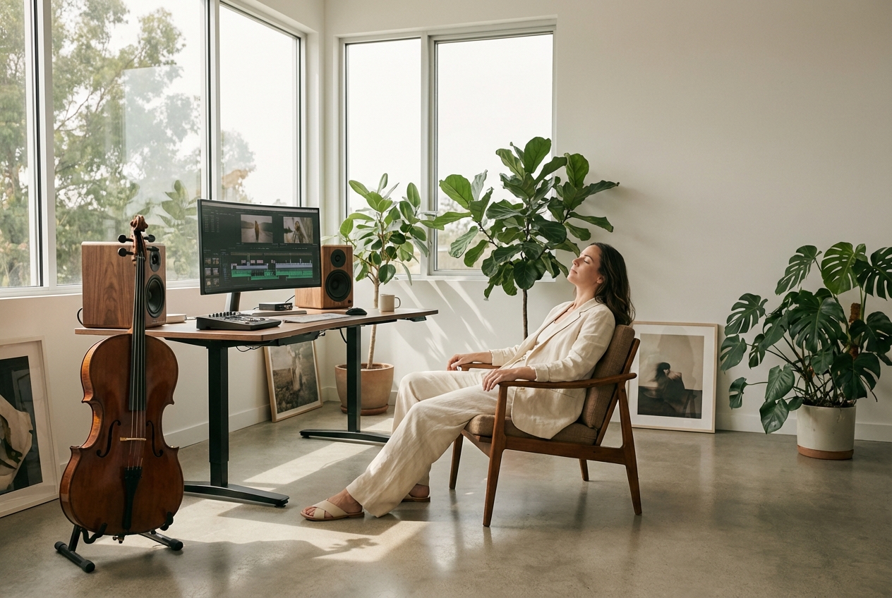 Filmmaker editing video with acoustic music generator interface