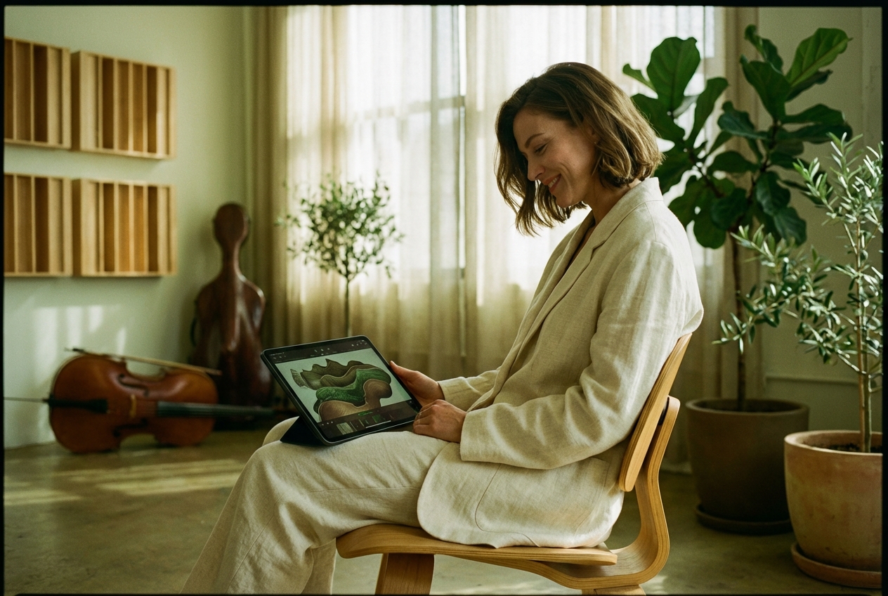 Podcaster recording with acoustic music maker background