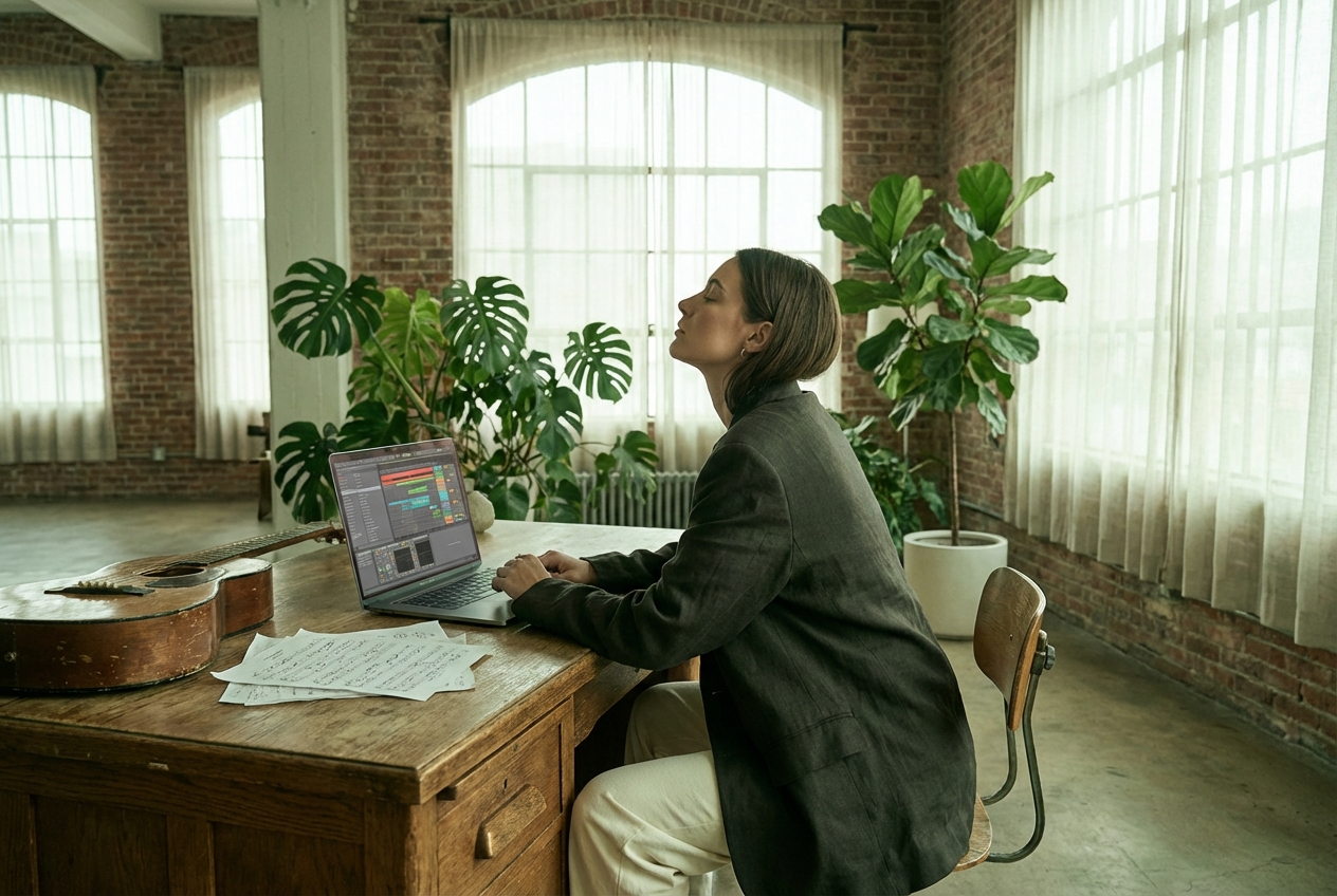 Songwriter composing using acoustic music generator tools