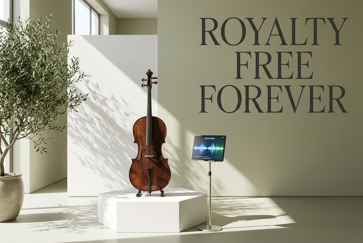 Royalty free license badge on acoustic music generator