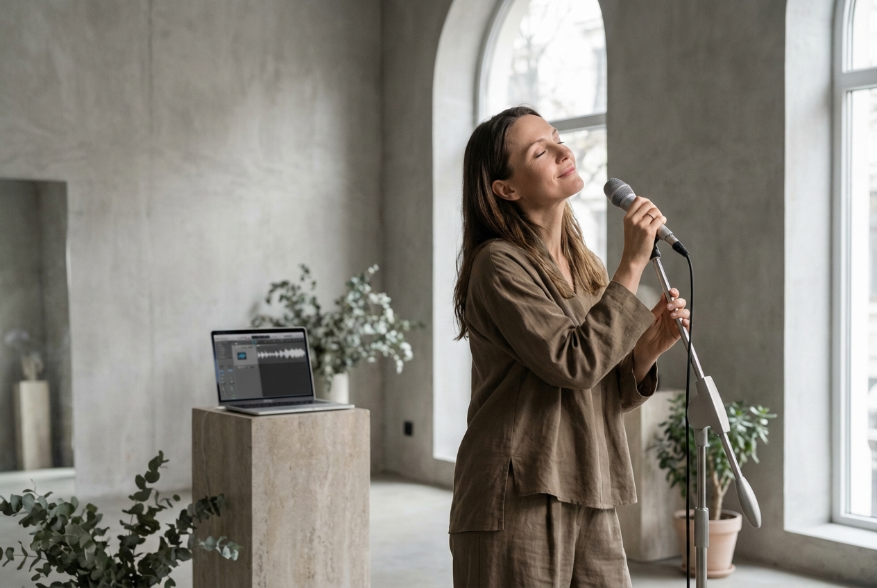 Vocalist practicing with online instrumental remover audio tracks