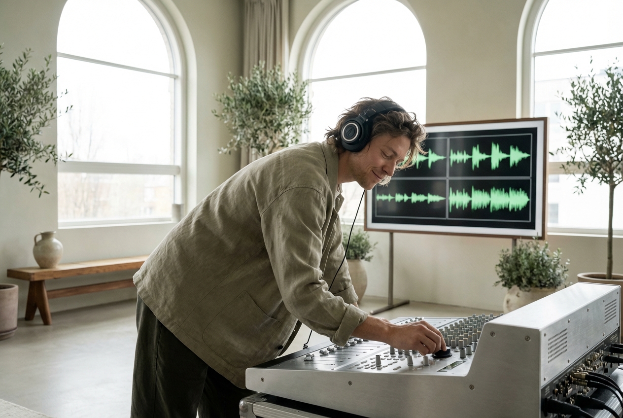 Producer editing audio to remove background music