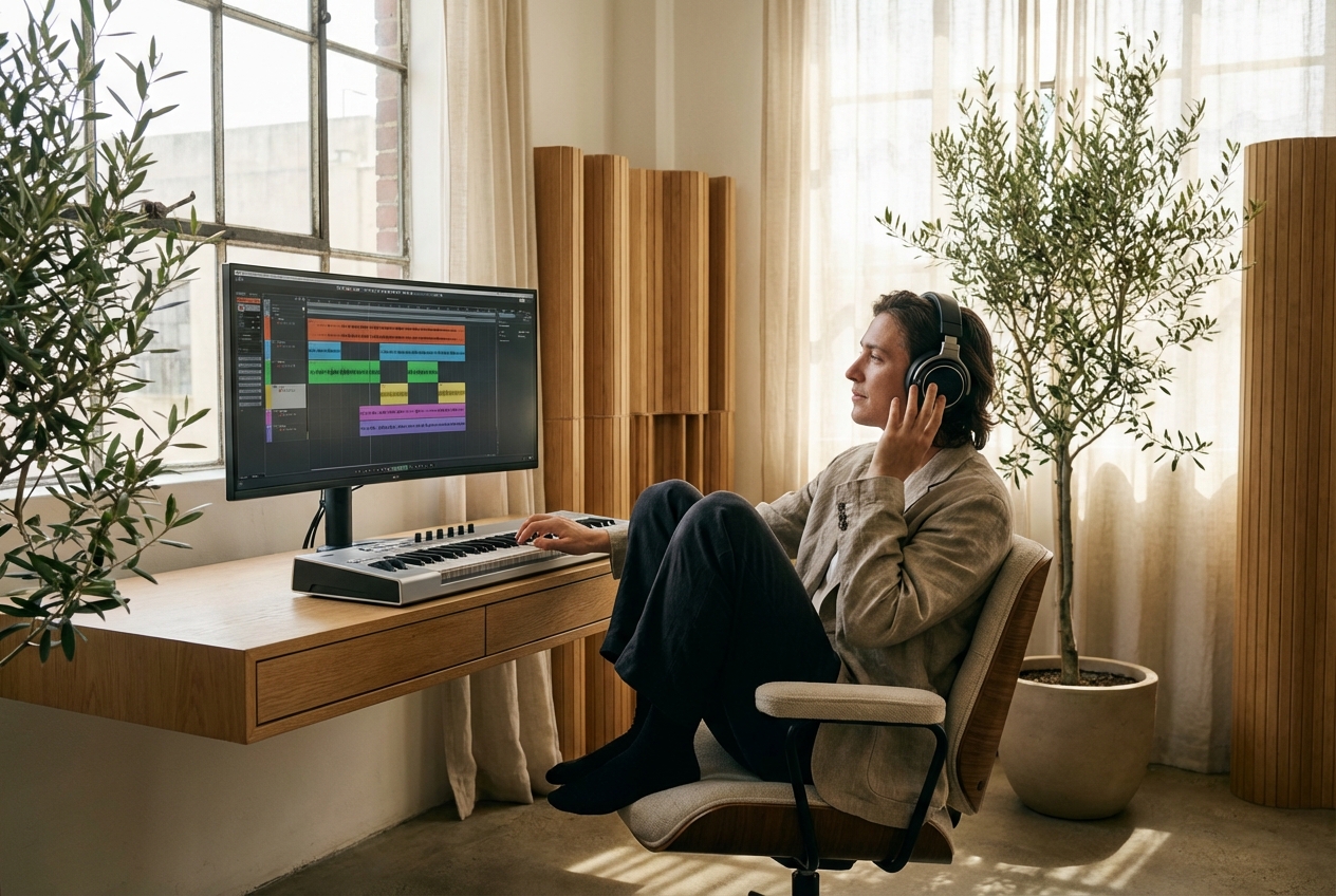 Producer working with instrumental maker software