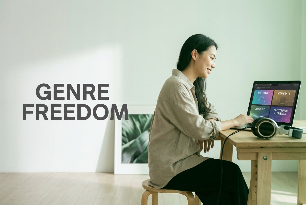 AI text to song generator showing various music genre selections