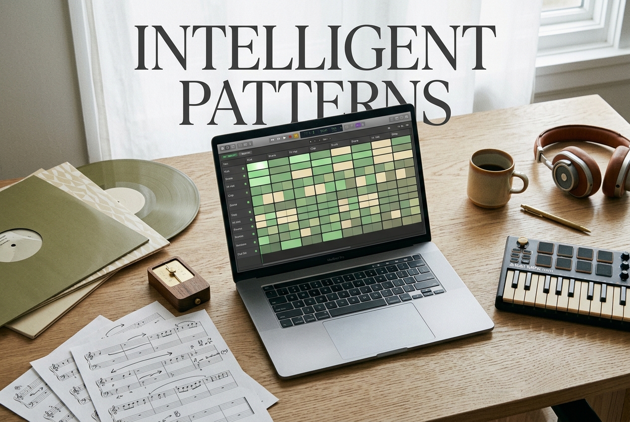Beat maker music showing AI-generated drum patterns and rhythm suggestions