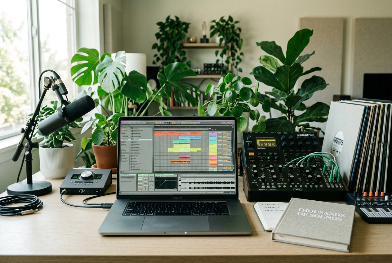 Music beat maker sound library with organized drum kits and instrument samples