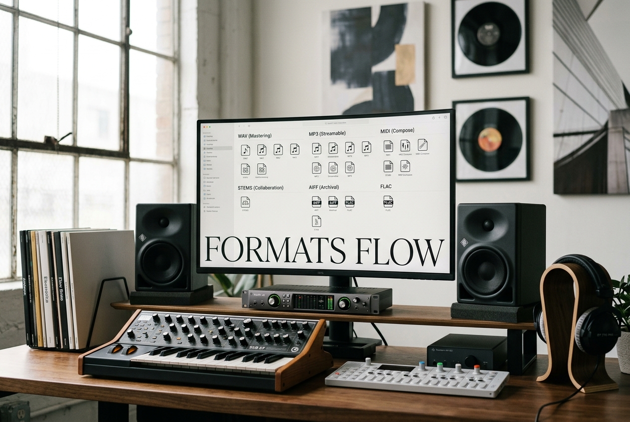 Music beat maker export settings showing multiple audio format options