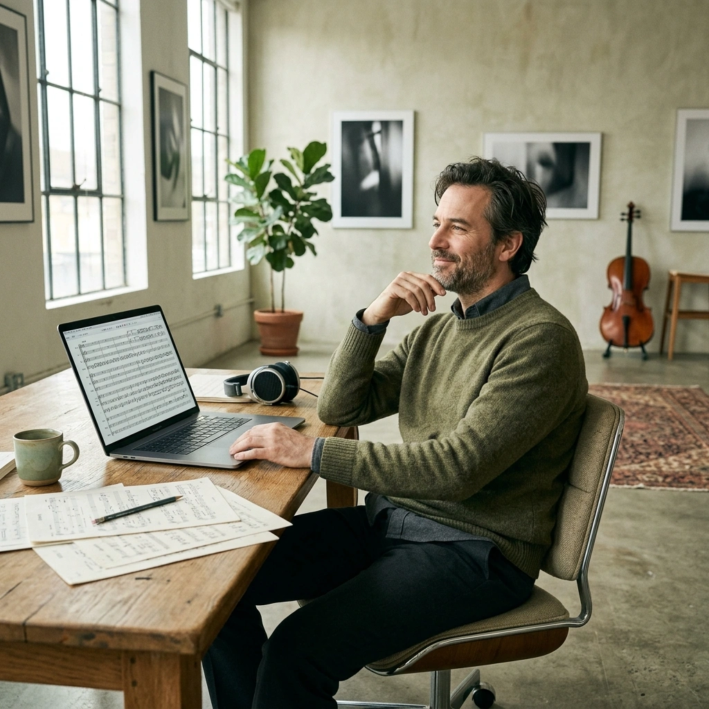 Film composer using AI classical music generator for scoring