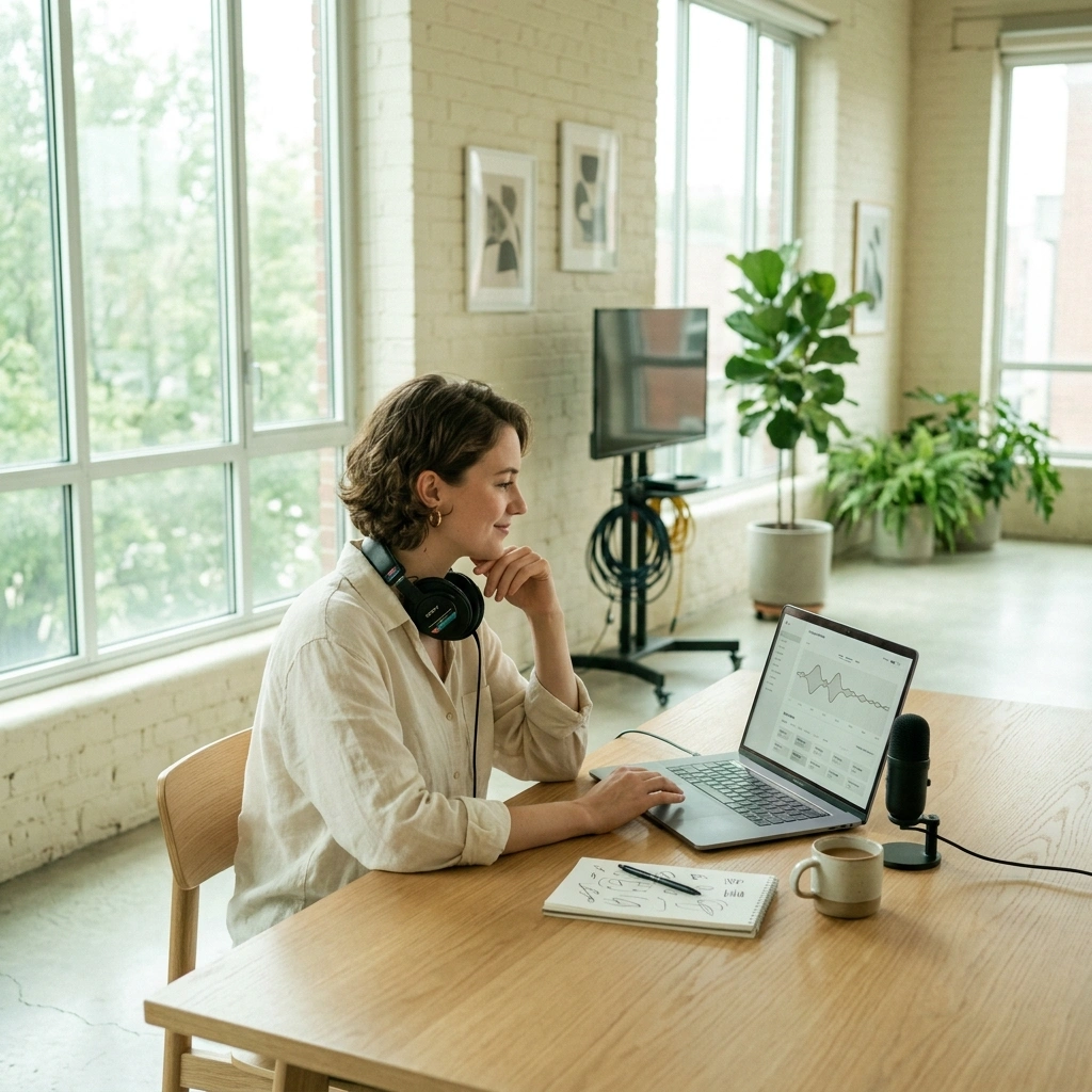 Podcaster selecting AI classical music generator composition