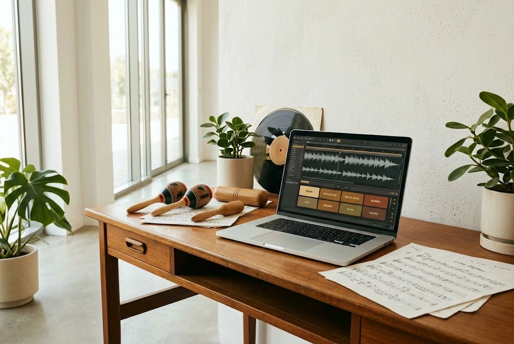 AI Latin Music Generator creating authentic salsa rhythm patterns