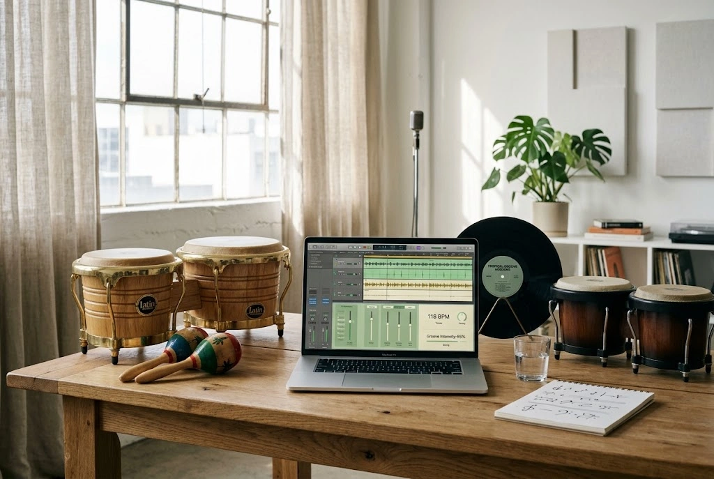 AI Latin Music Creator interface showing rhythm customization controls
