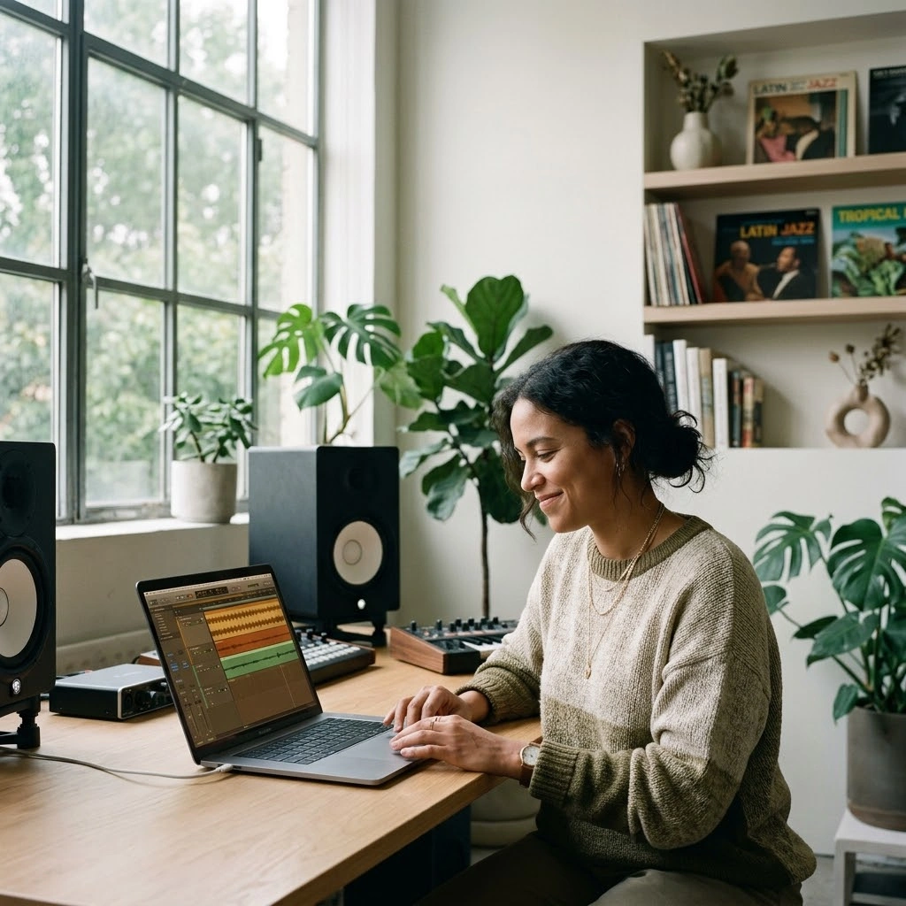 Music producer working with AI Latin Music Generator in studio