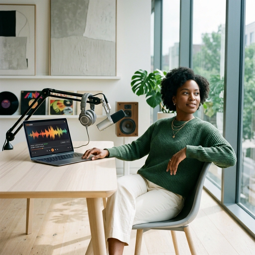 Podcast host selecting AI Latin Music Generator track for intro