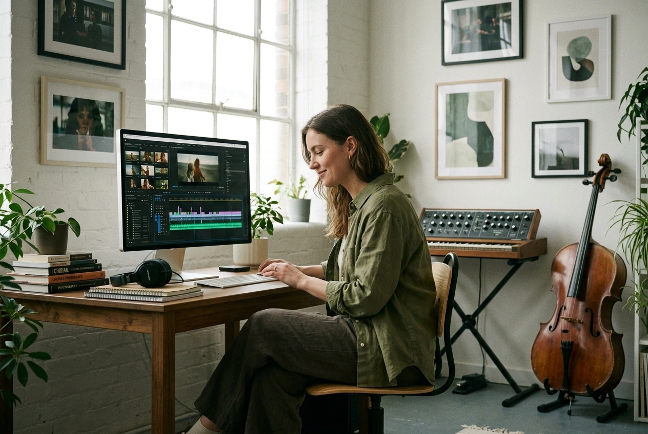 Indie filmmaker using AI Cinematic Music Generator software
