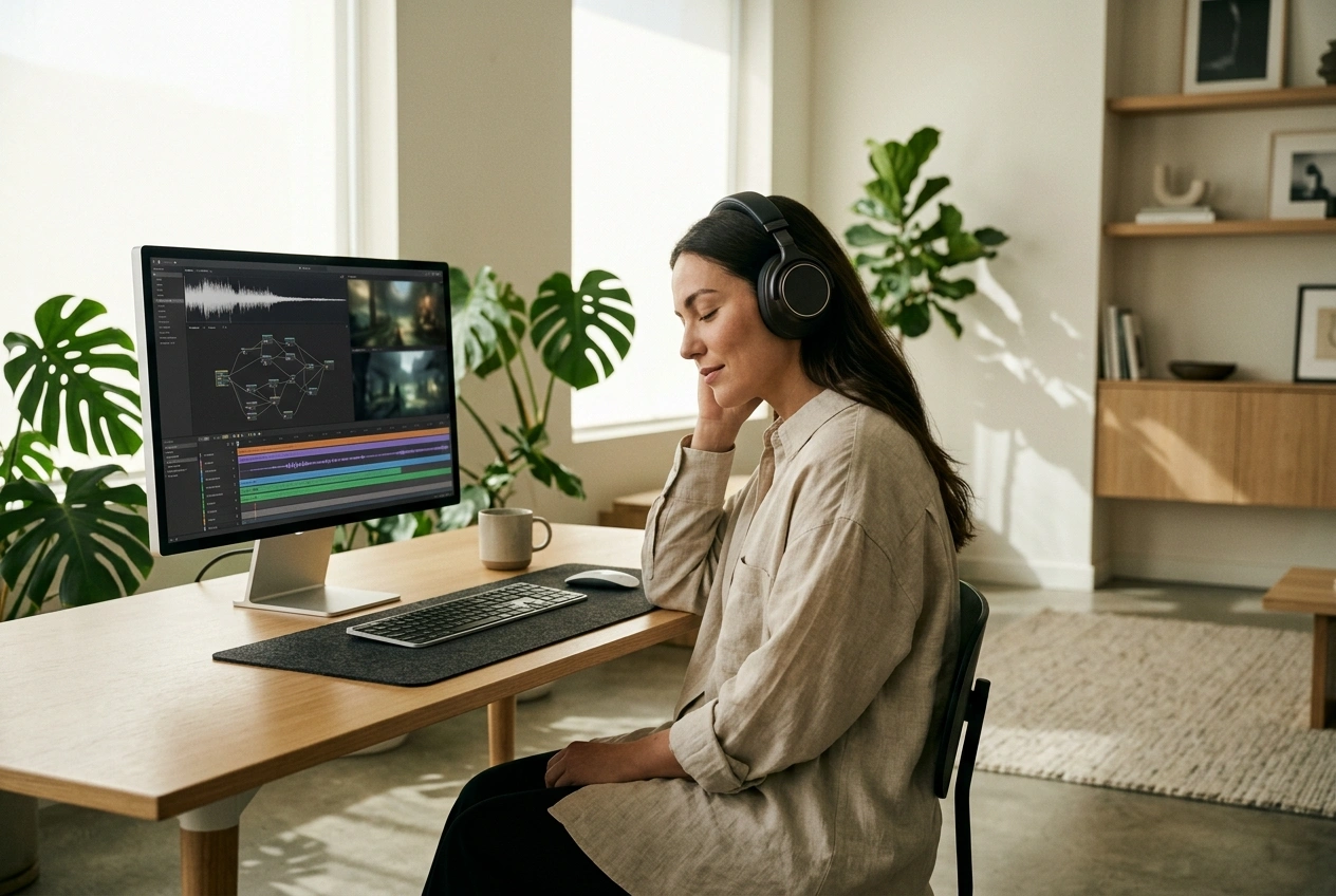 Game developer testing AI Cinematic Music Generator tracks