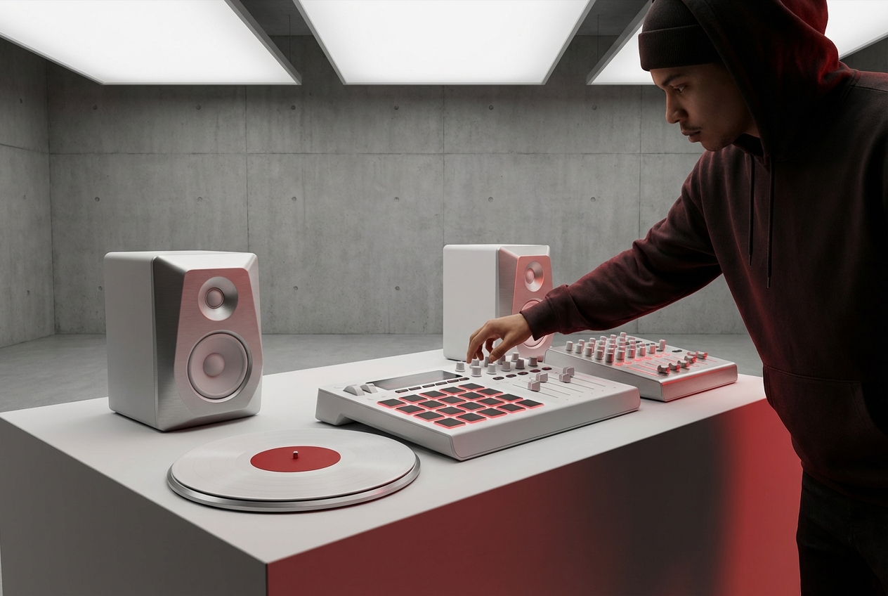 Music producer using random beat generator tool