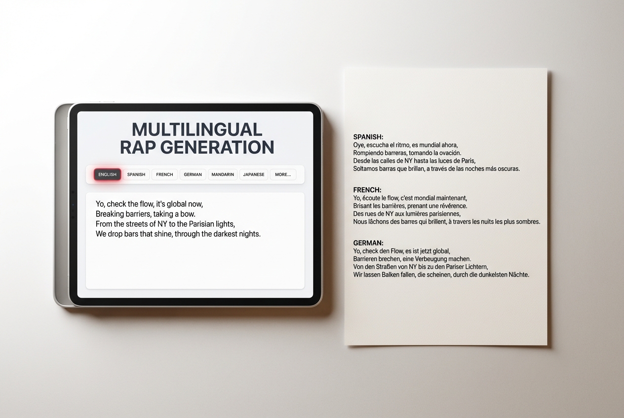 Language selection menu in rap lyrics generator showing options