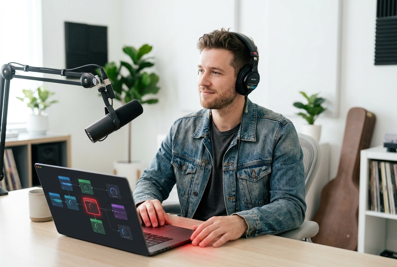 Podcaster editing AI Classic Rock Music Generator audio