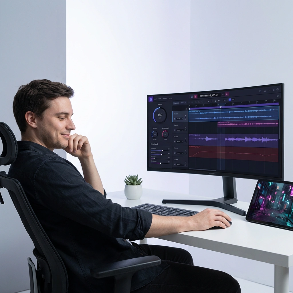 Game developer creating synthwave with AI Music Generator