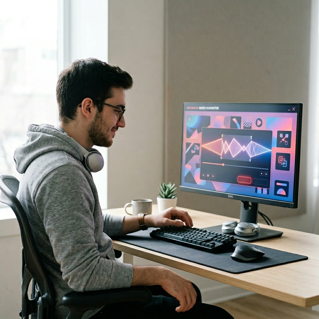 Game developer integrating AI Vaporwave Music Maker soundtrack