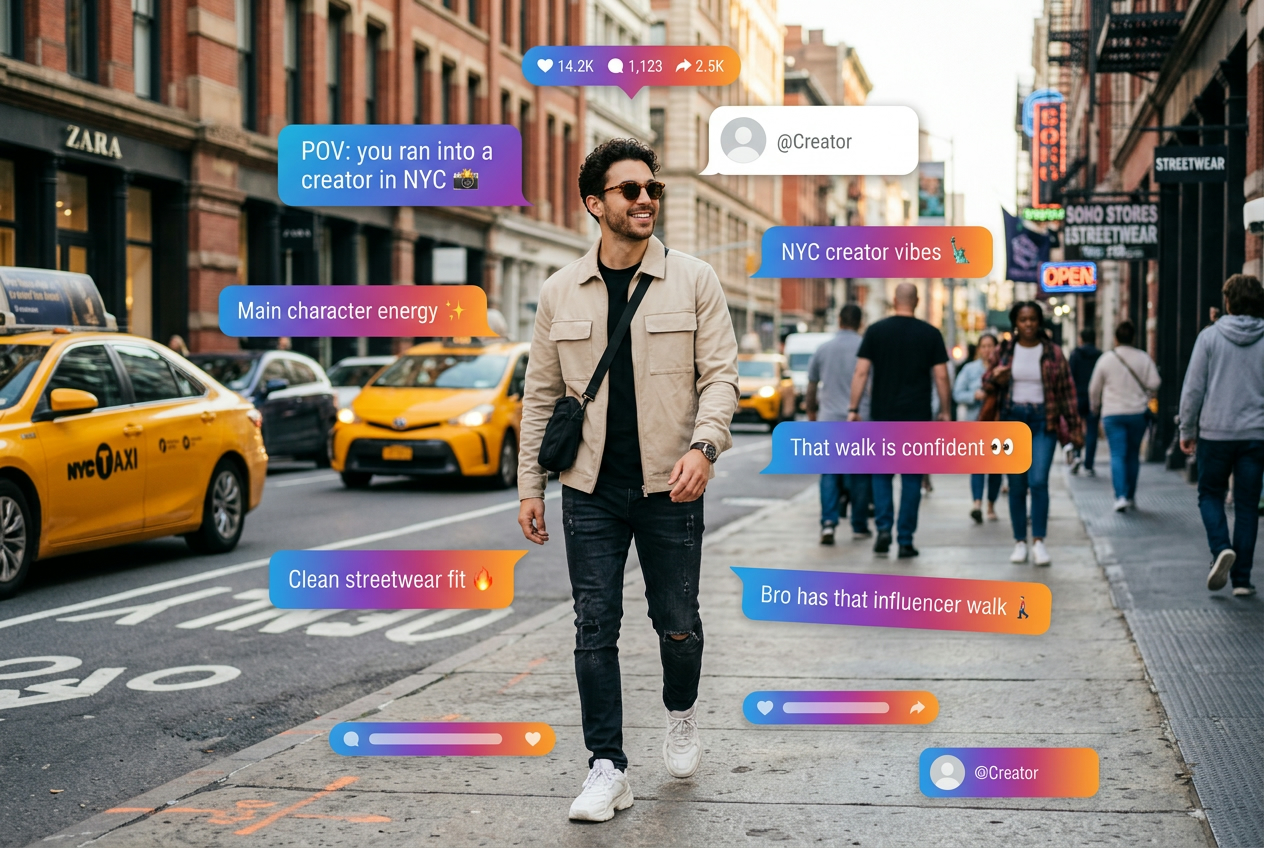 Social media creator recording a video with a bright Firework Effect background
