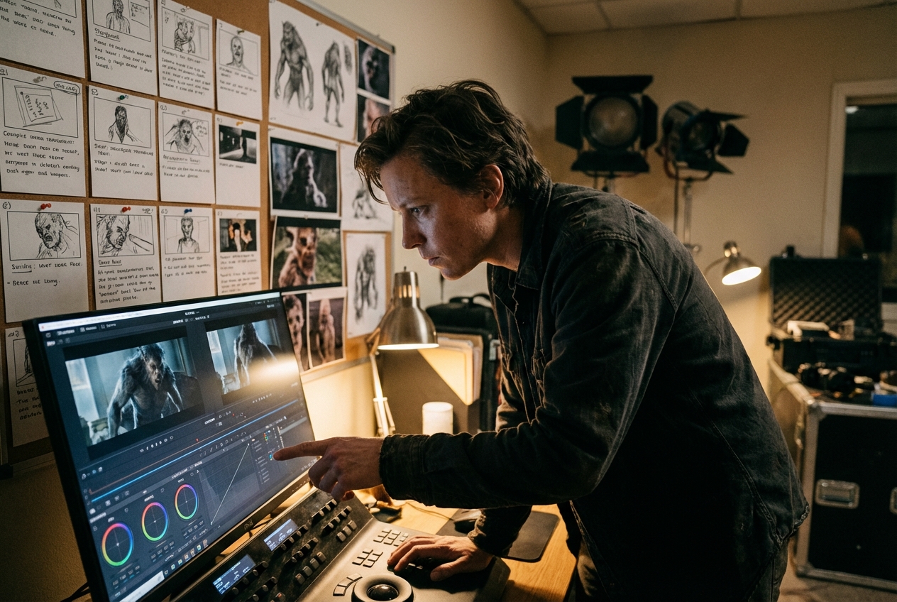 Independent filmmaker editing werewolf transformation video project