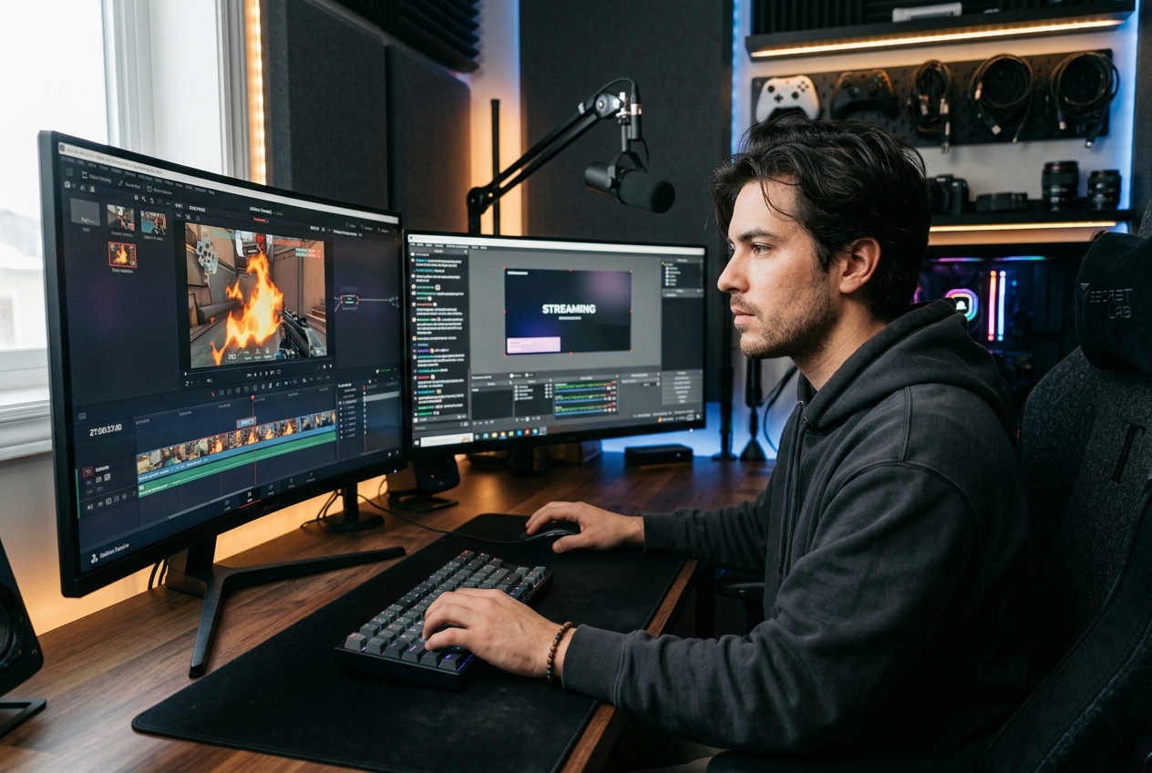 Content creator using fire transition effect in video editing workspace