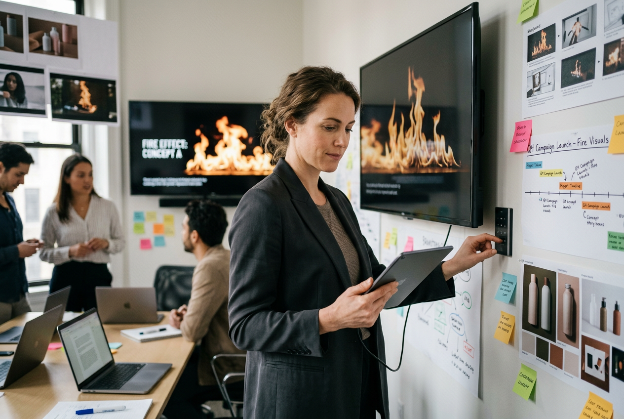 Marketing team collaborating on fire transition video project