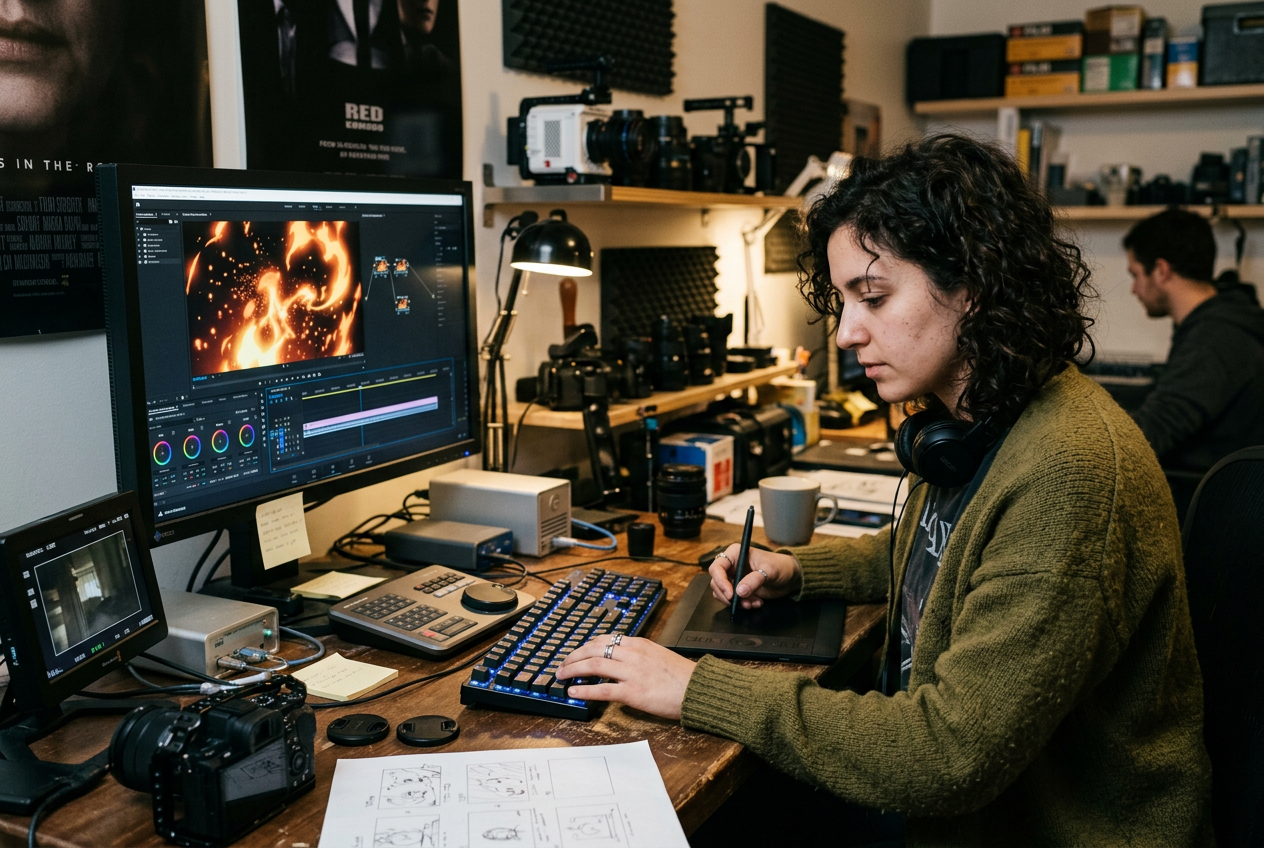 Filmmaker creating fire transition video with advanced fire effects