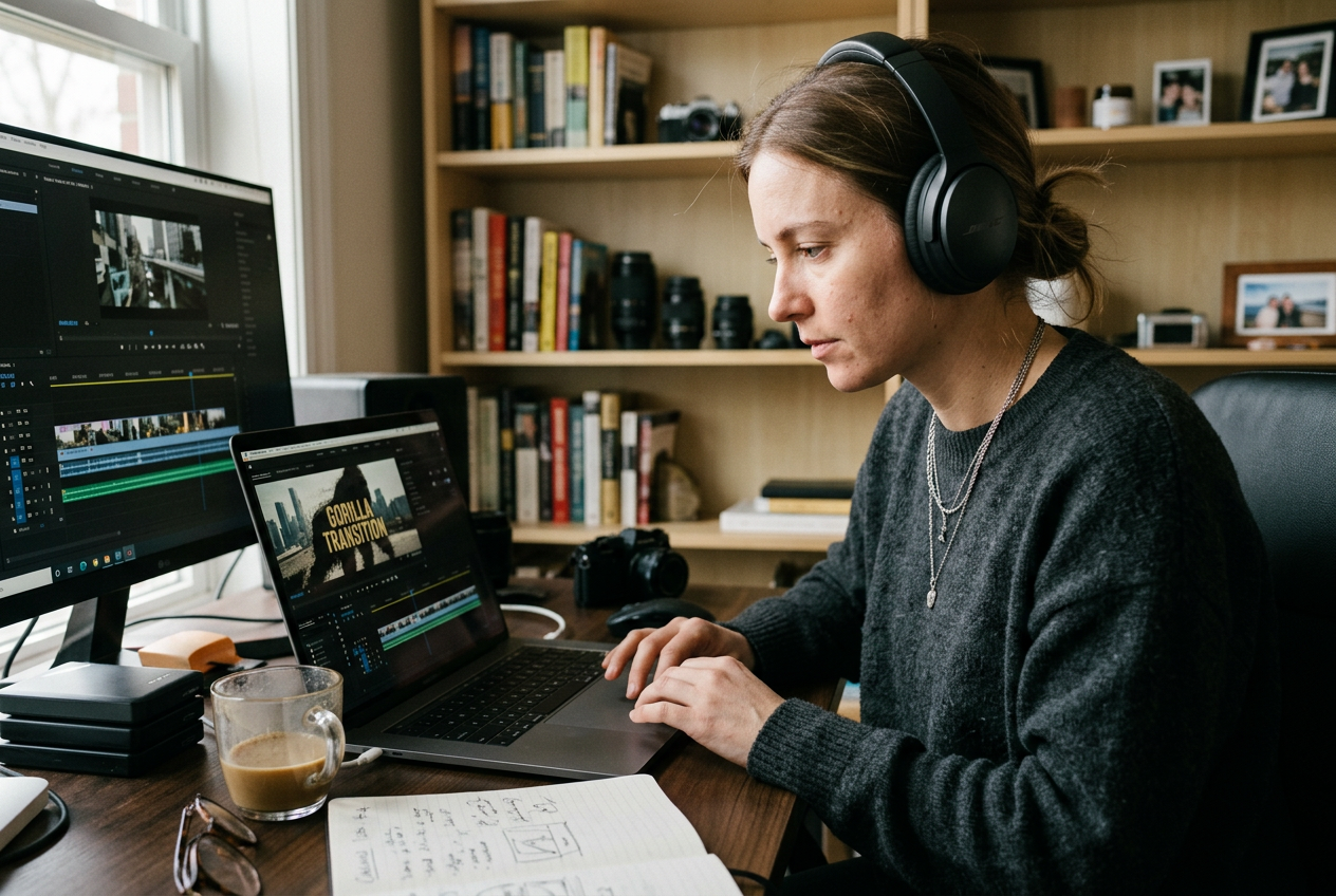 Solo creator editing video with gorilla transition on desktop
