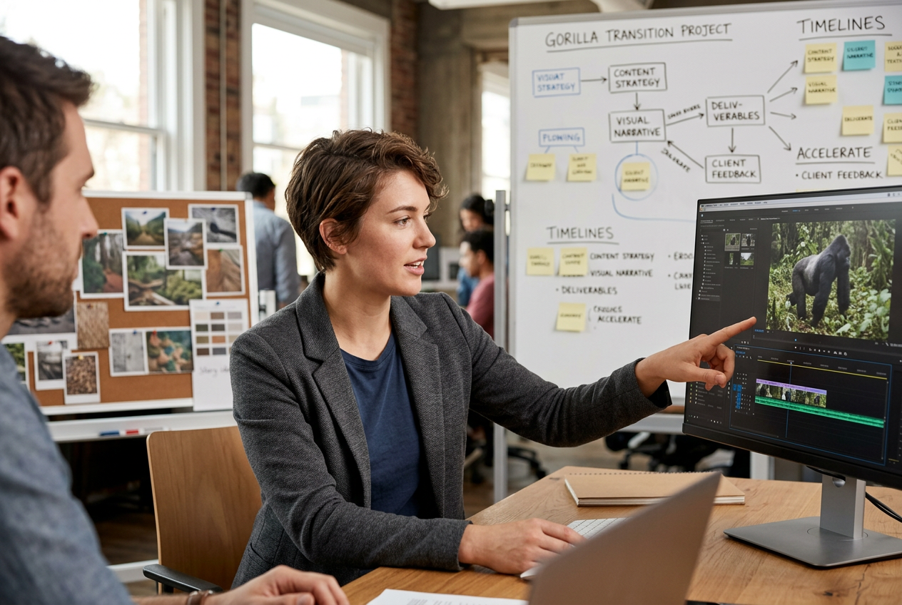 Agency team collaborating on gorilla transition project with multiple editors