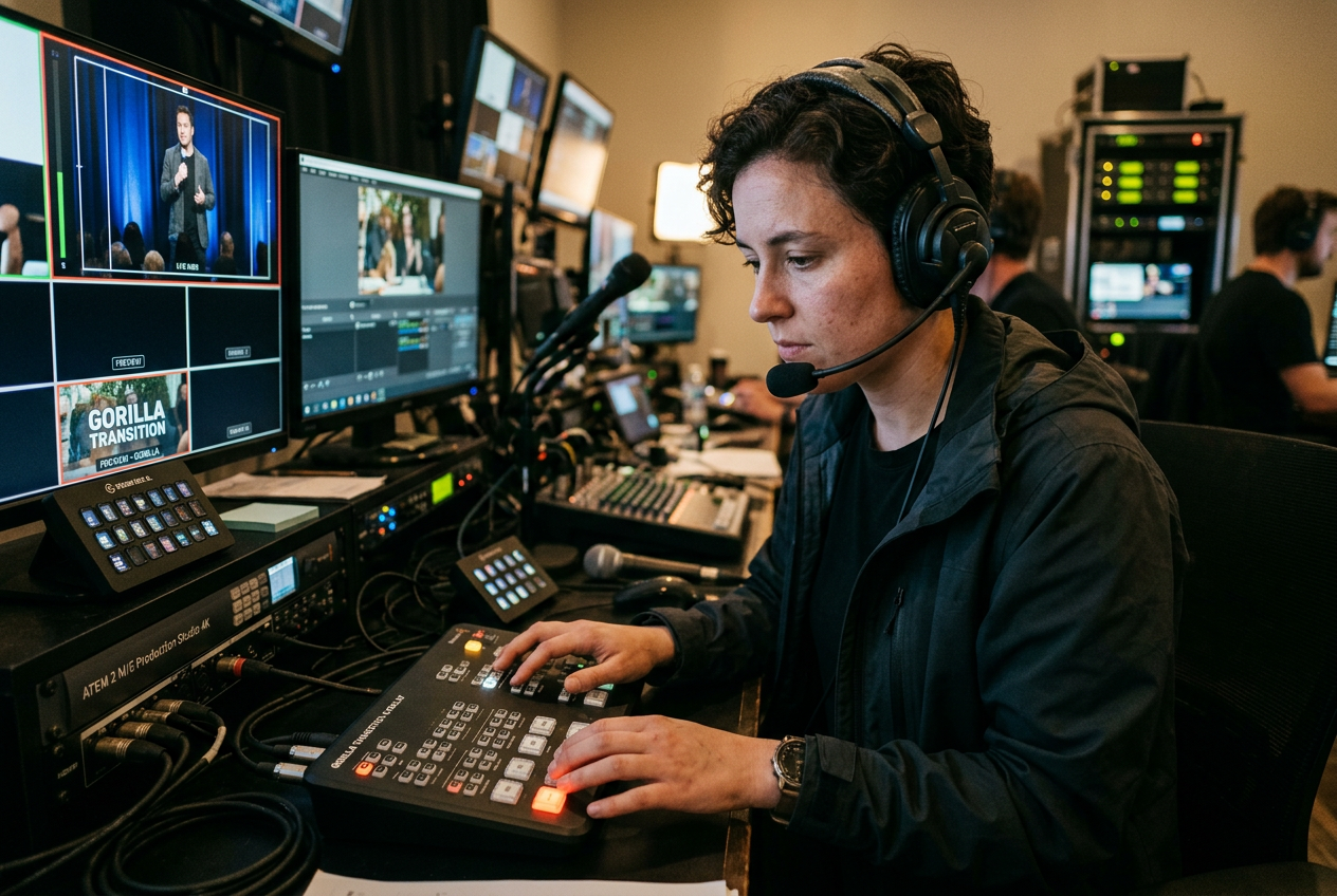 Live stream interface showing gorilla transition activation during broadcast