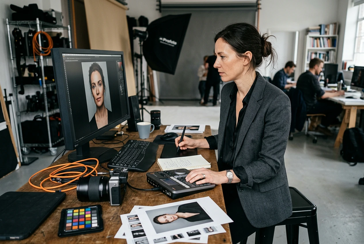 Photographer using Blemish Remover on corporate headshot