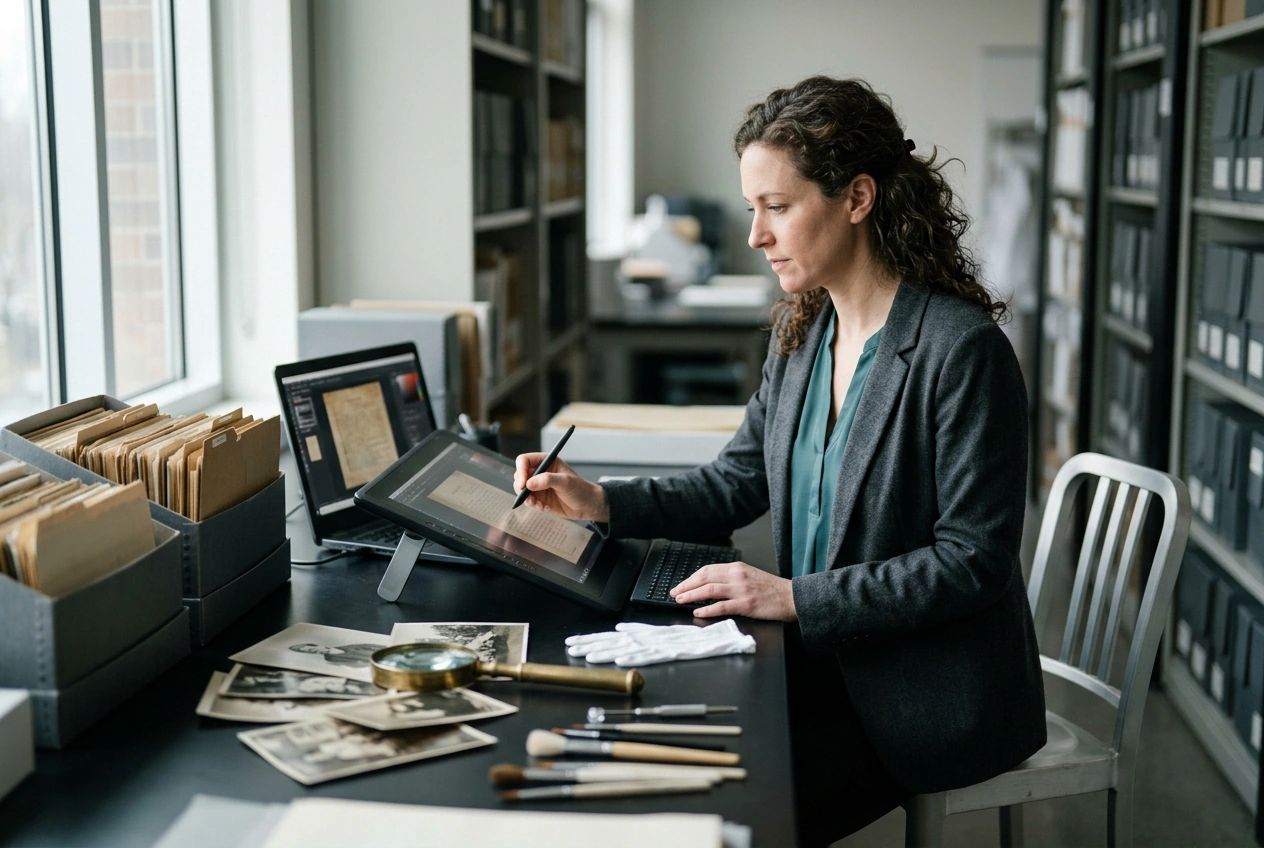 Archivist using Image Sharpener on old documents