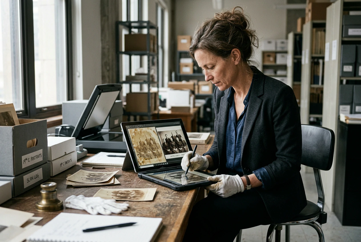 Researcher using Unblur Image on historical archives