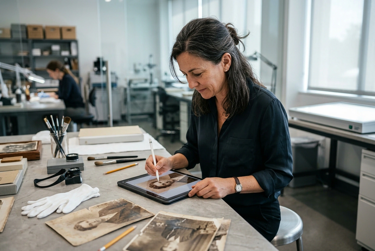 Archivist running Photo Enhancer on old scans