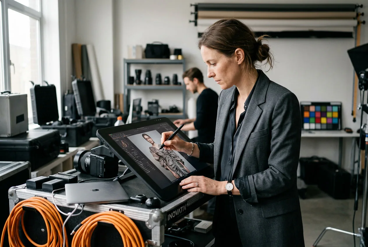 Photographer applying Clothes Wrinkle Remover to portraits