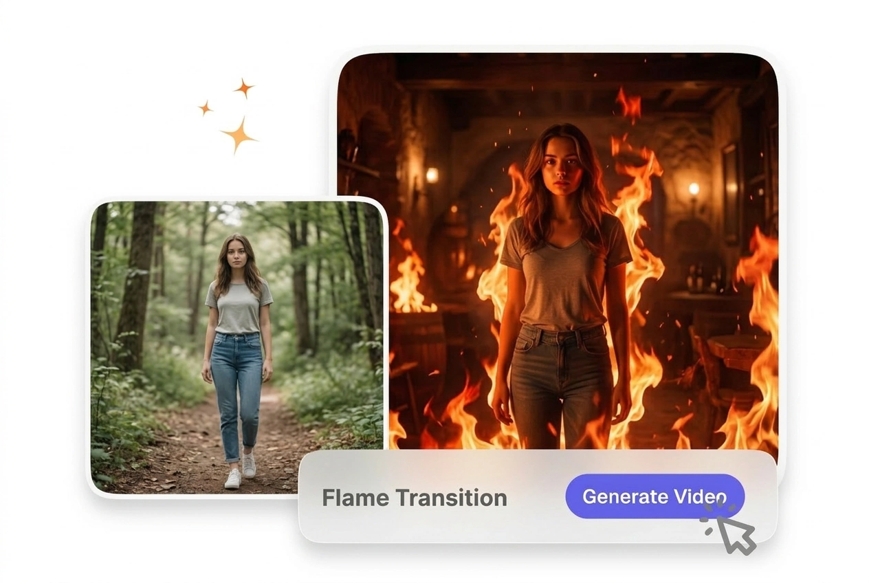 VideoAI flame transition effect hero showcase example