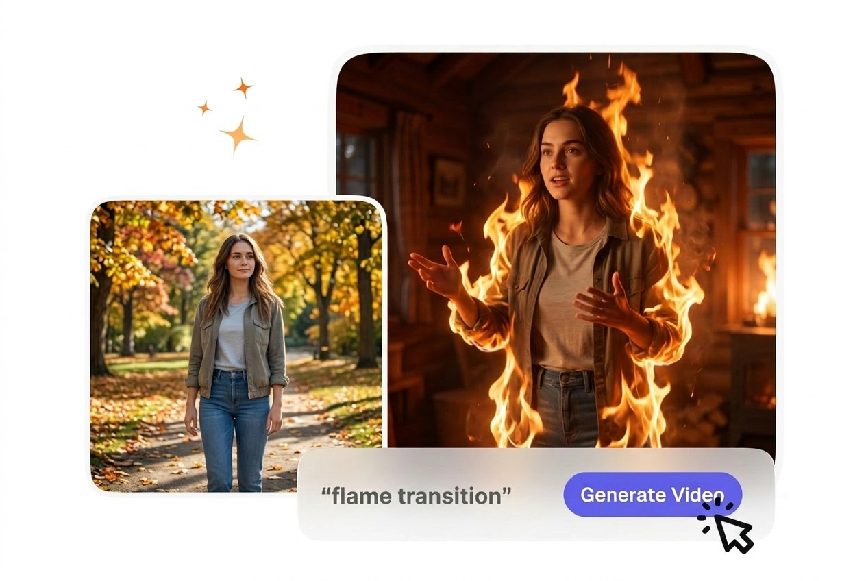 Directional flame transition video effect motion control