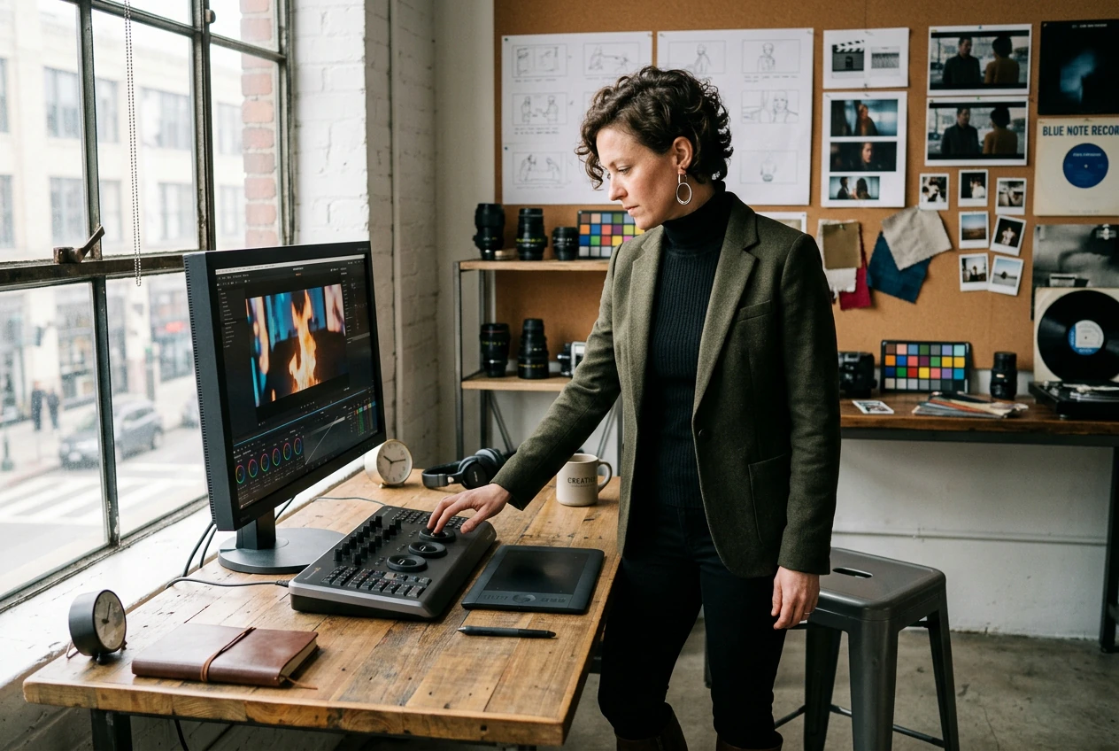 Business owner applying fire transition effect online